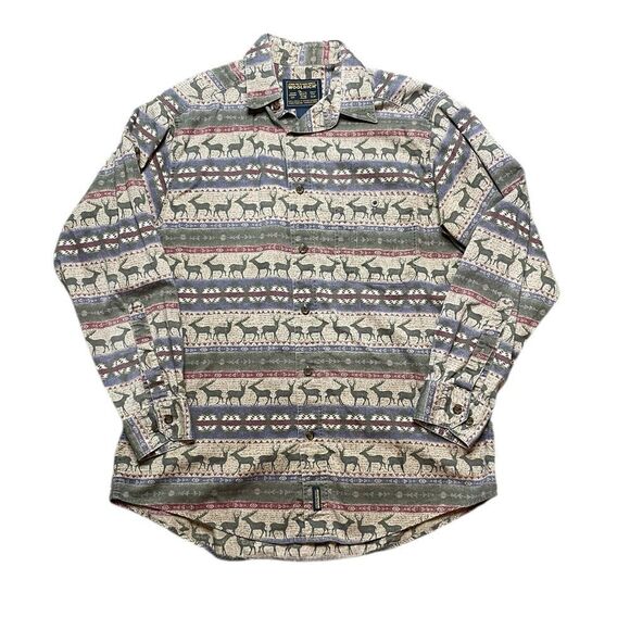 WOOLRICH Deer Elk Patterned Long Sleeve Shirt Size Large - Picture 1 of 7